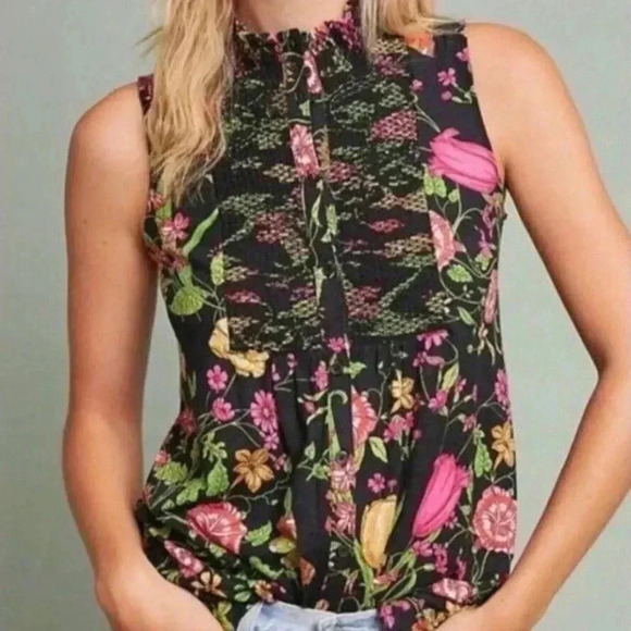 Anthropologie Akemi + Kin Black Christine Ruffled Floral Sleeveless Top Sz. XS - Picture 1 of 9